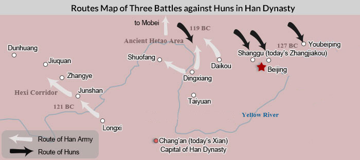 Routes Map of Three Battles against Huns in Han Dynasty