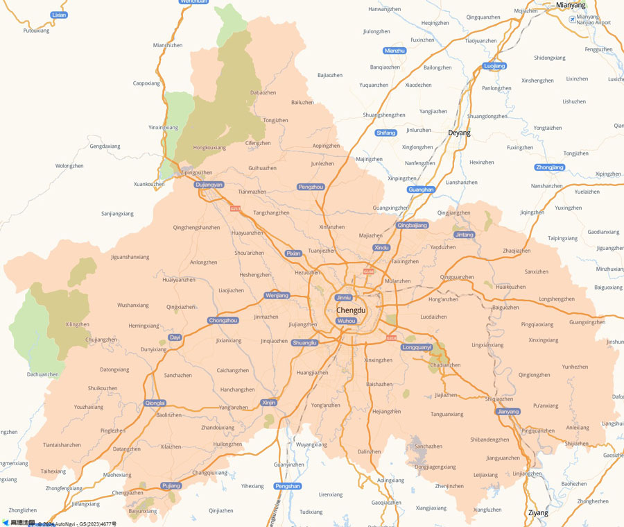 Chengdu Map with main roads, scenic spots