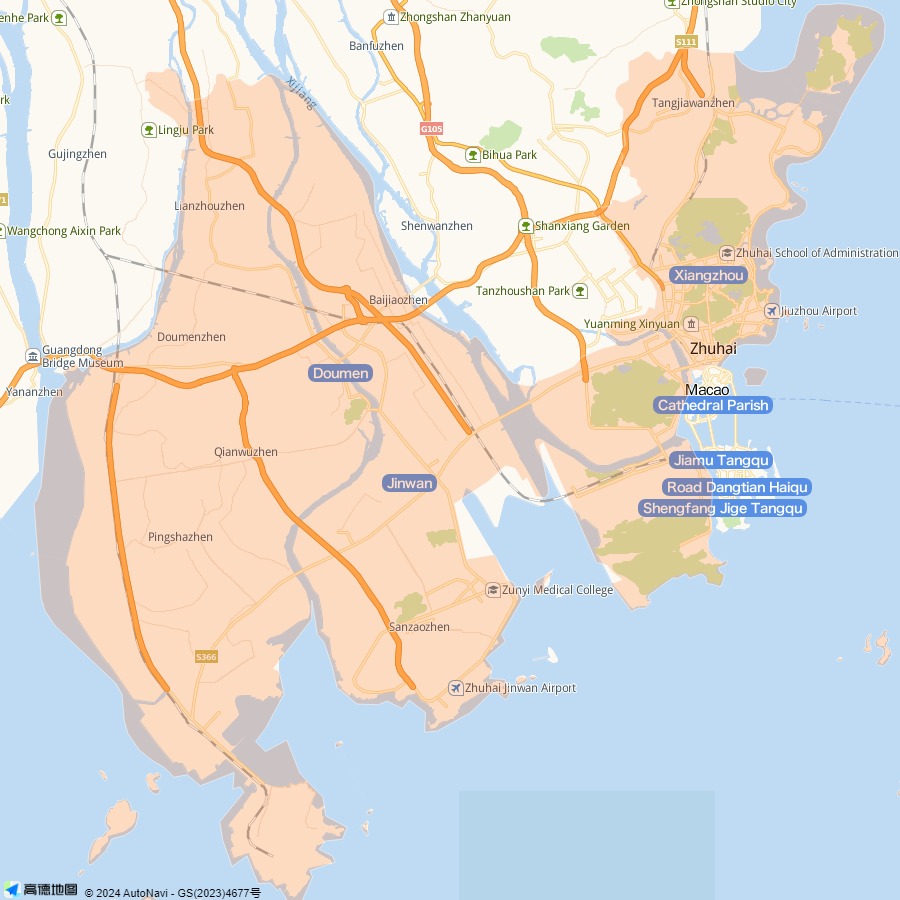 Zhuhai map with main roads, scenic spots