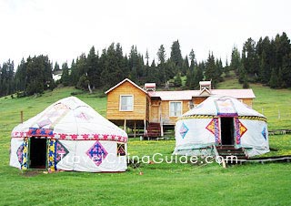 Tents at the bank of the Sayram Lake